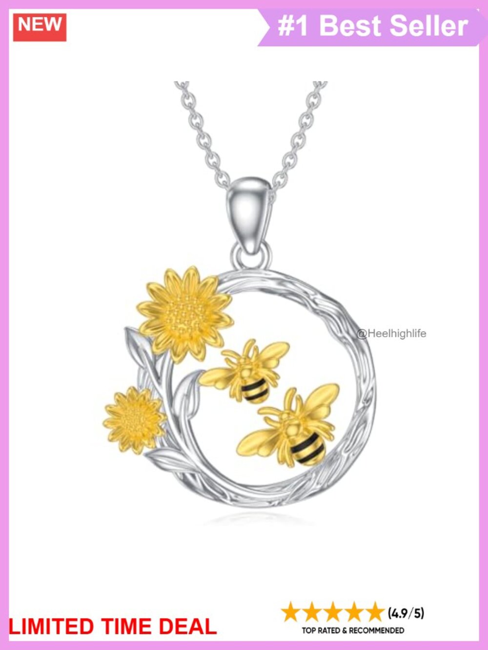 S925 Sterling Silver Bee Sunflower Pendant Necklace 18+2 Inch